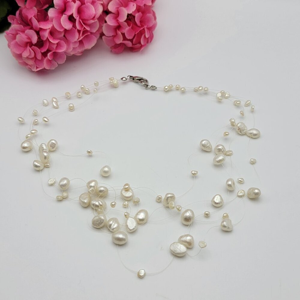 Natural Cream Pearl Multi Strand Nylon String Necklace 18" Dainty Minimalist